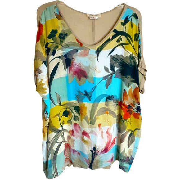 Tru Luxe Jeans Tops - Tru Luxe Women's Blue Watercolor Print Mixed Media Tunic Size XL Tropical Boho